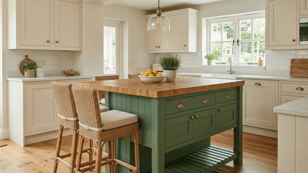 painted kitchen island with green base, wooden top, and bar seating.