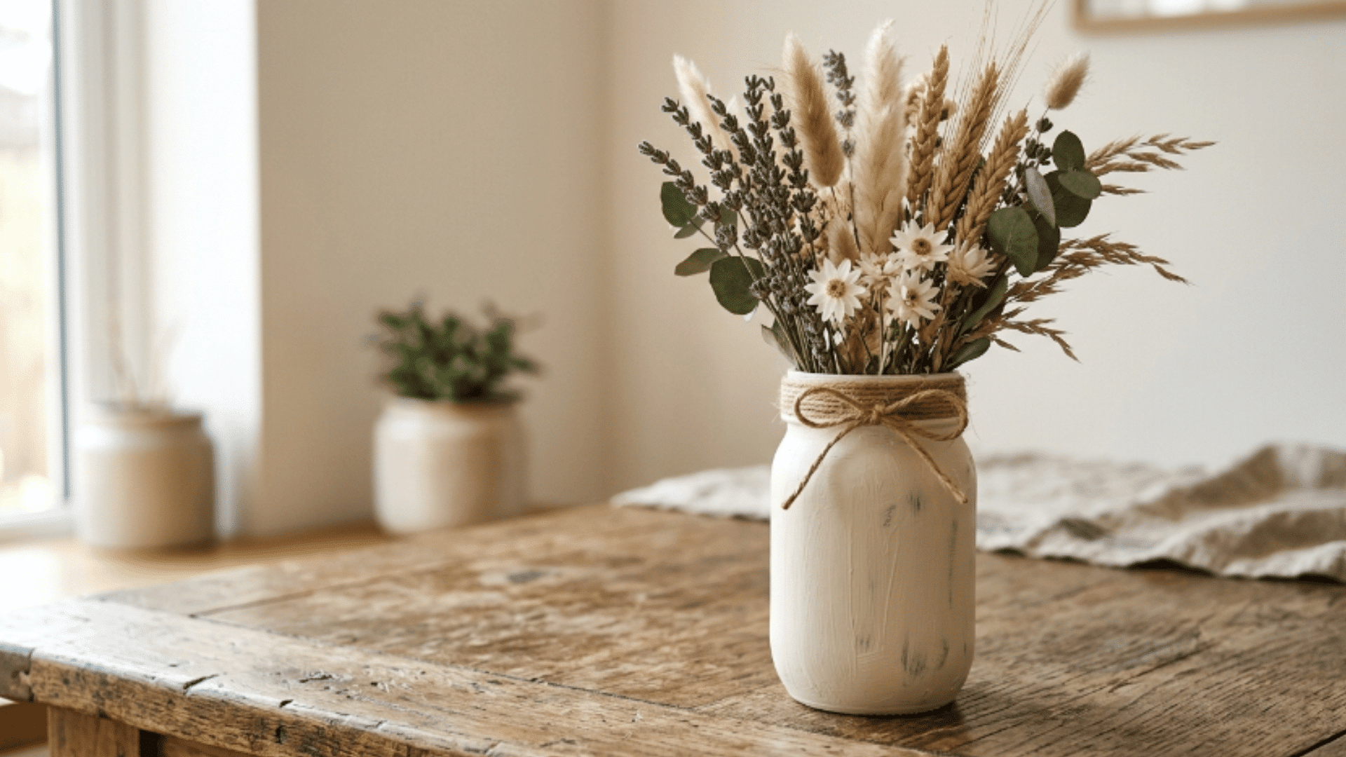 painted mason jar vase with twine detail holding flowers placed on rustic surface with soft natural lighting
