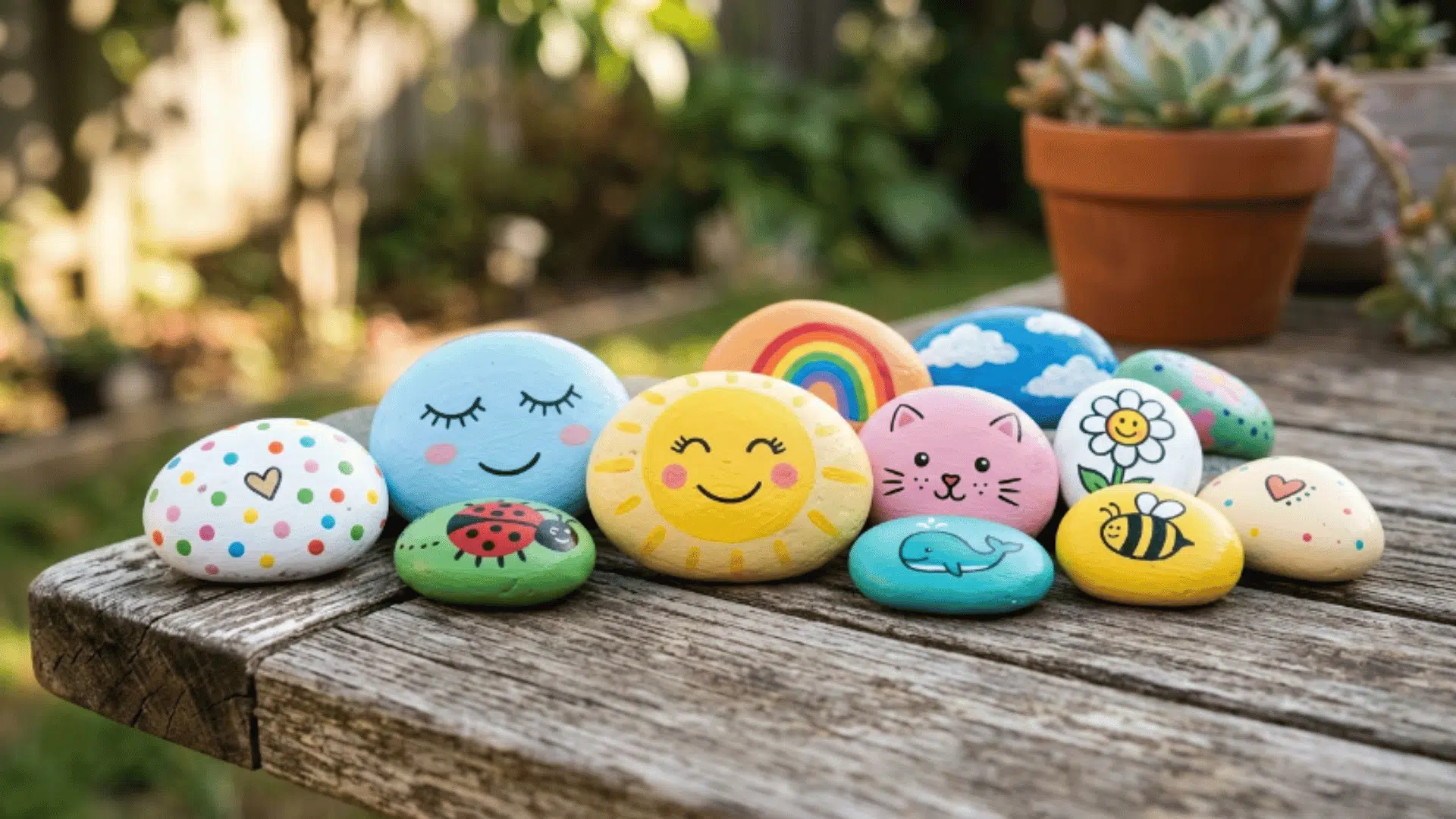 painted rocks with simple cute designs arranged on wooden surface with natural light and clean background