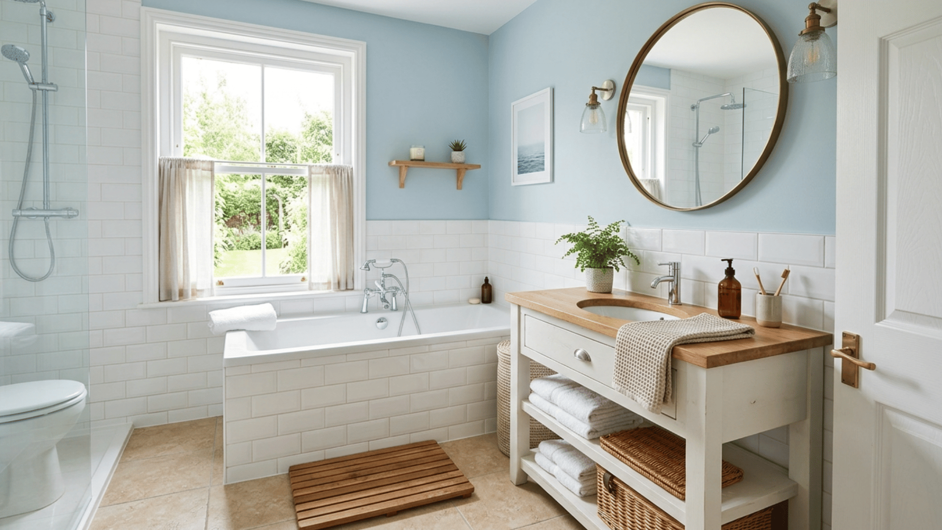 pale blue bathroom with white tiles and sandy natural accents