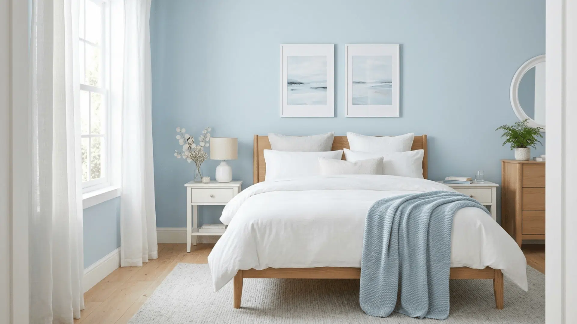 pale blue bedroom with soft tones, natural light, and calm airy atmosphere.