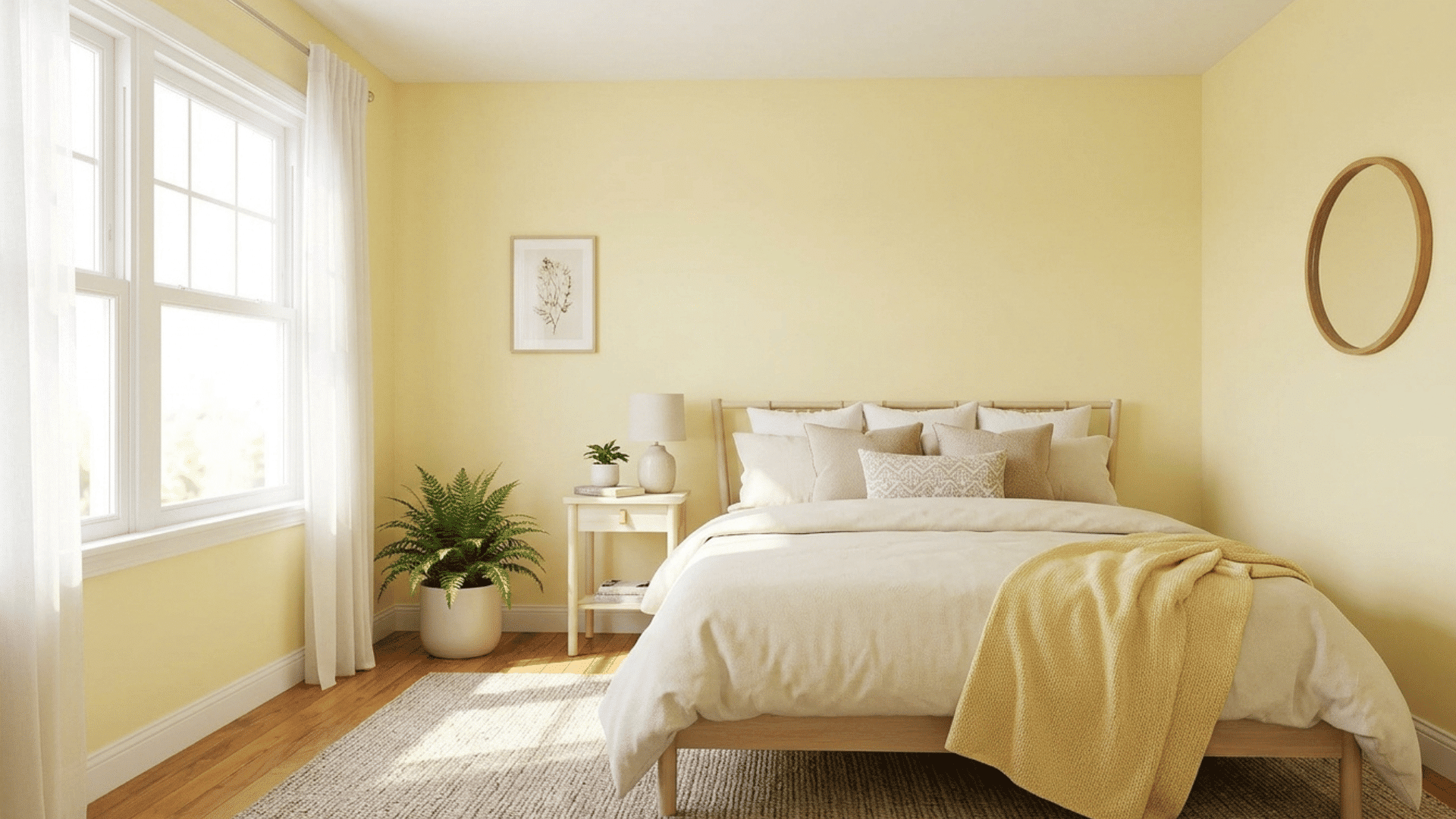 pale yellow bedroom with sunlight, warm tones, and bright airy space.