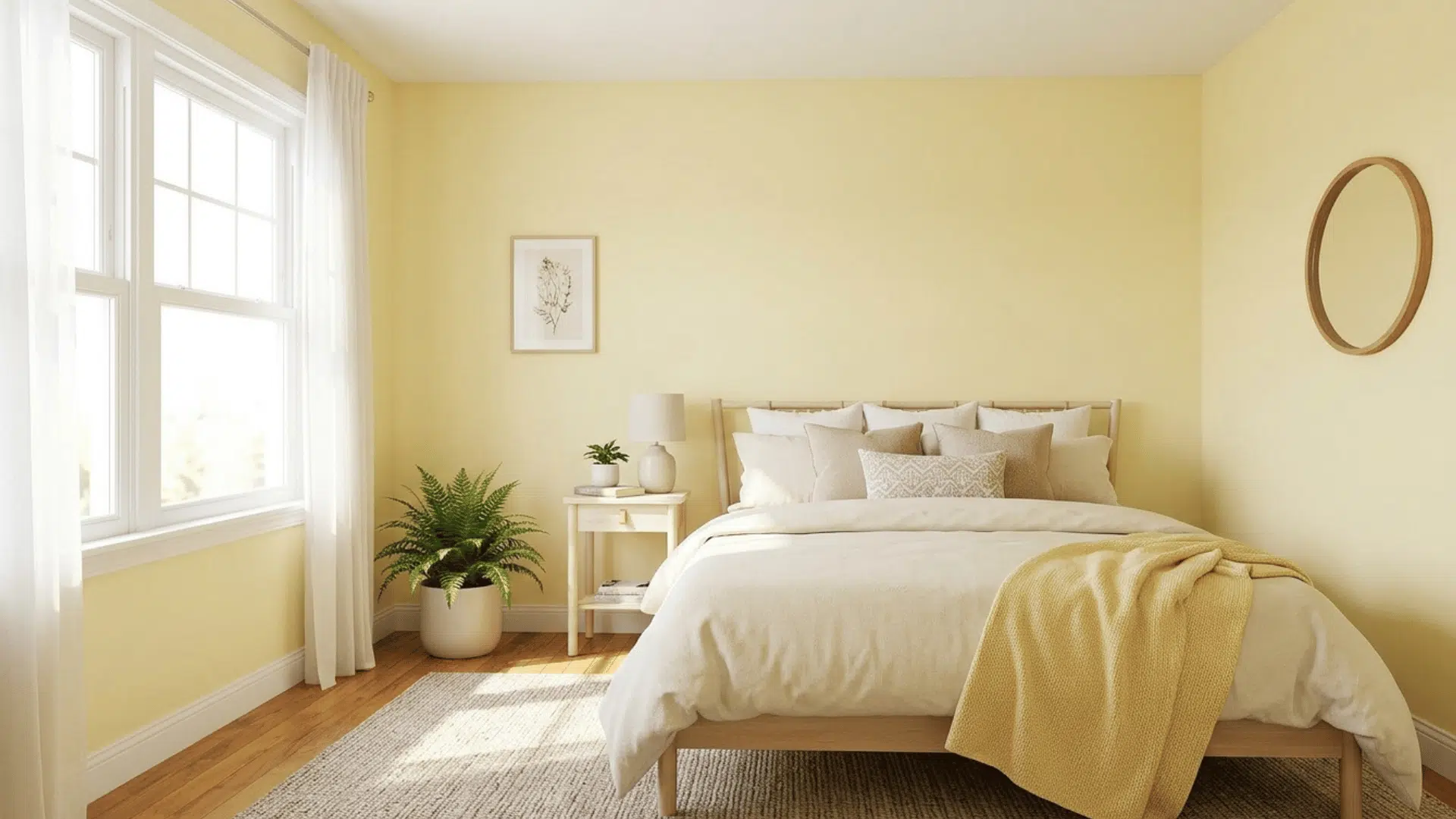 pale yellow bedroom with sunlight, warm tones, and bright airy space.