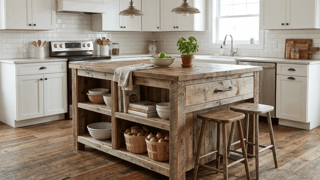 pallet wood kitchen island with open shelves and stools in a bright farmhouse kitchen.