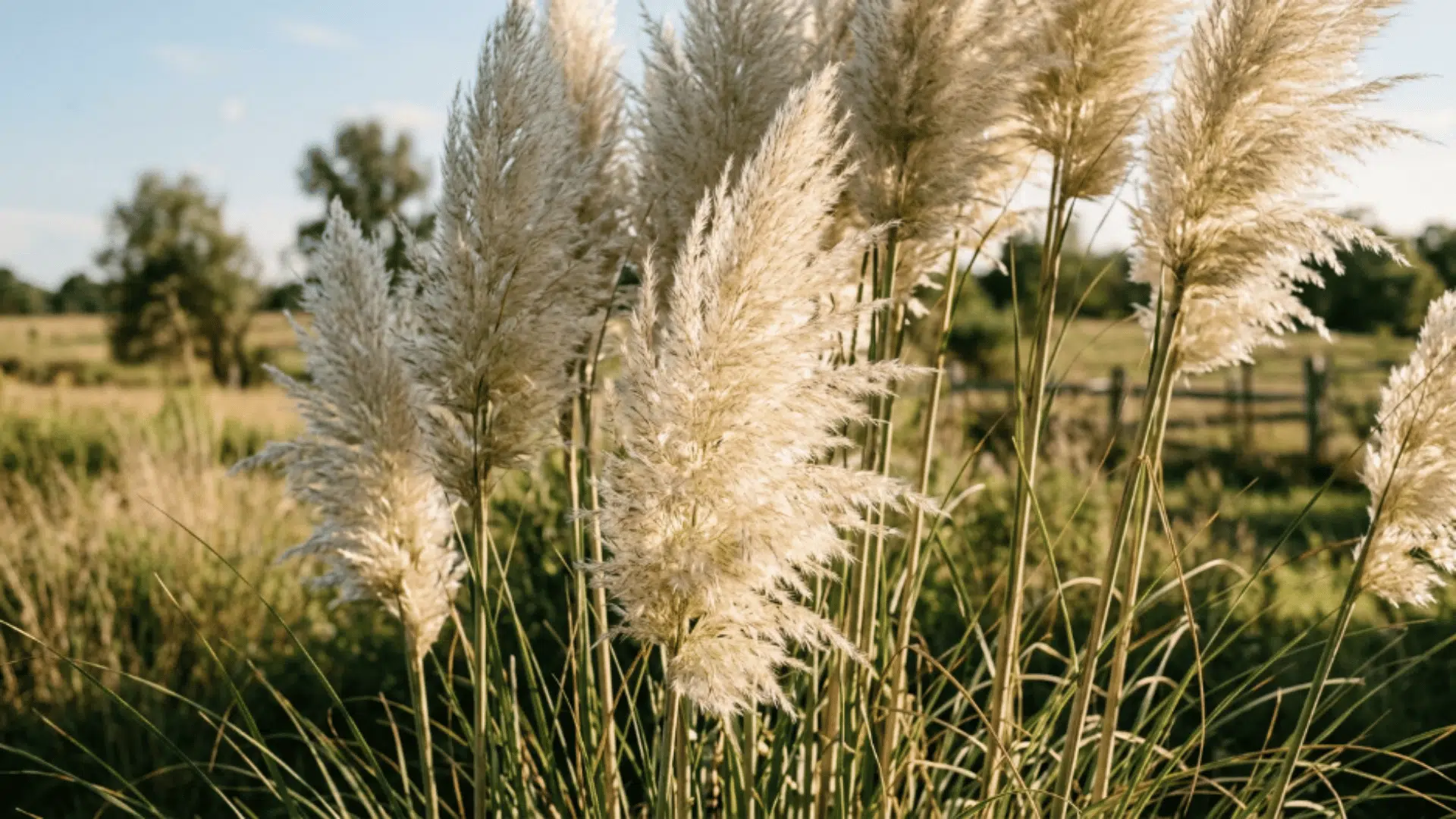 pampas grass with tall stems and large fluffy white plumes in sunlight
