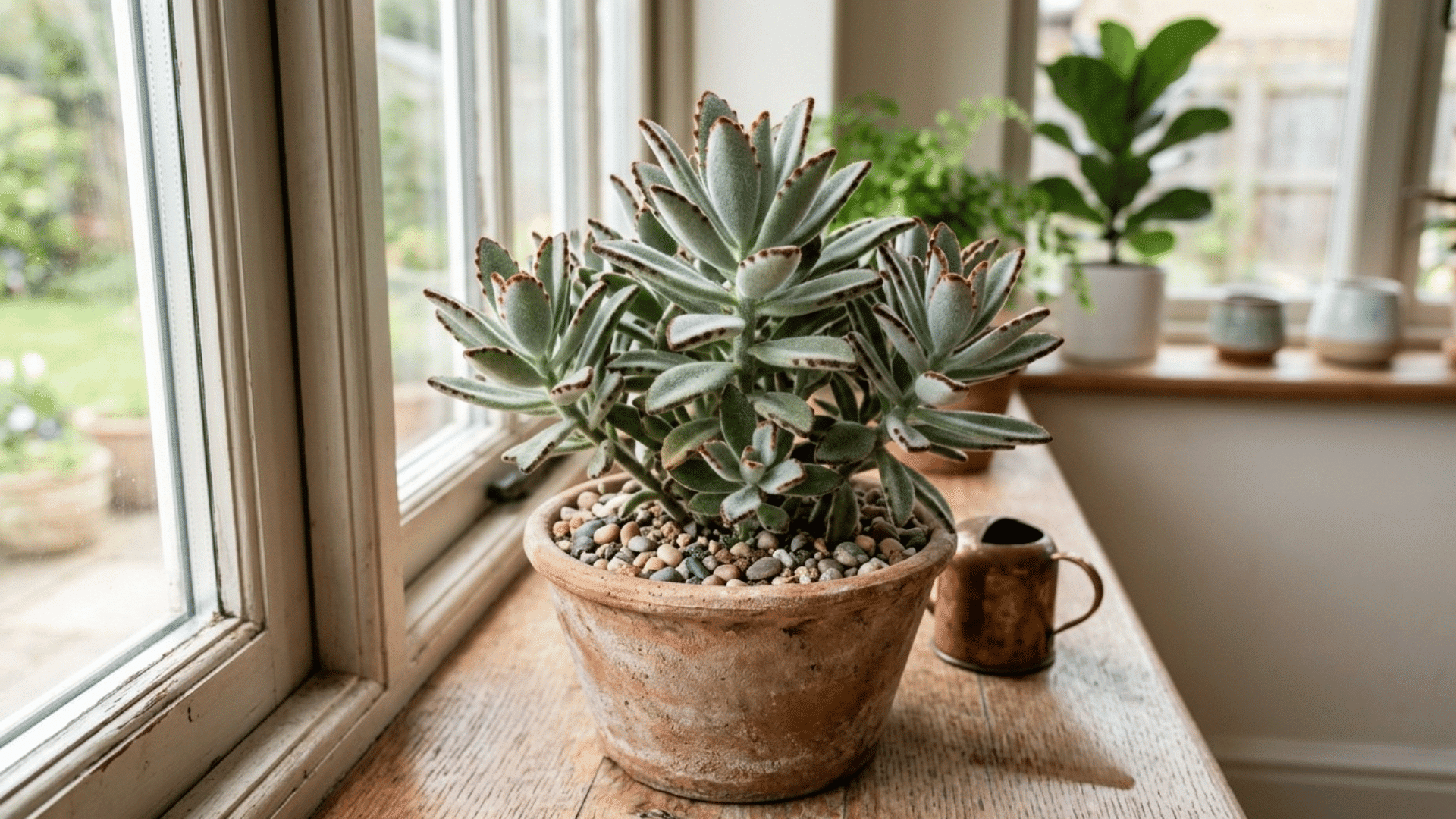 panda plant with fuzzy leaves and brown edges in a clay pot on a windowsill.