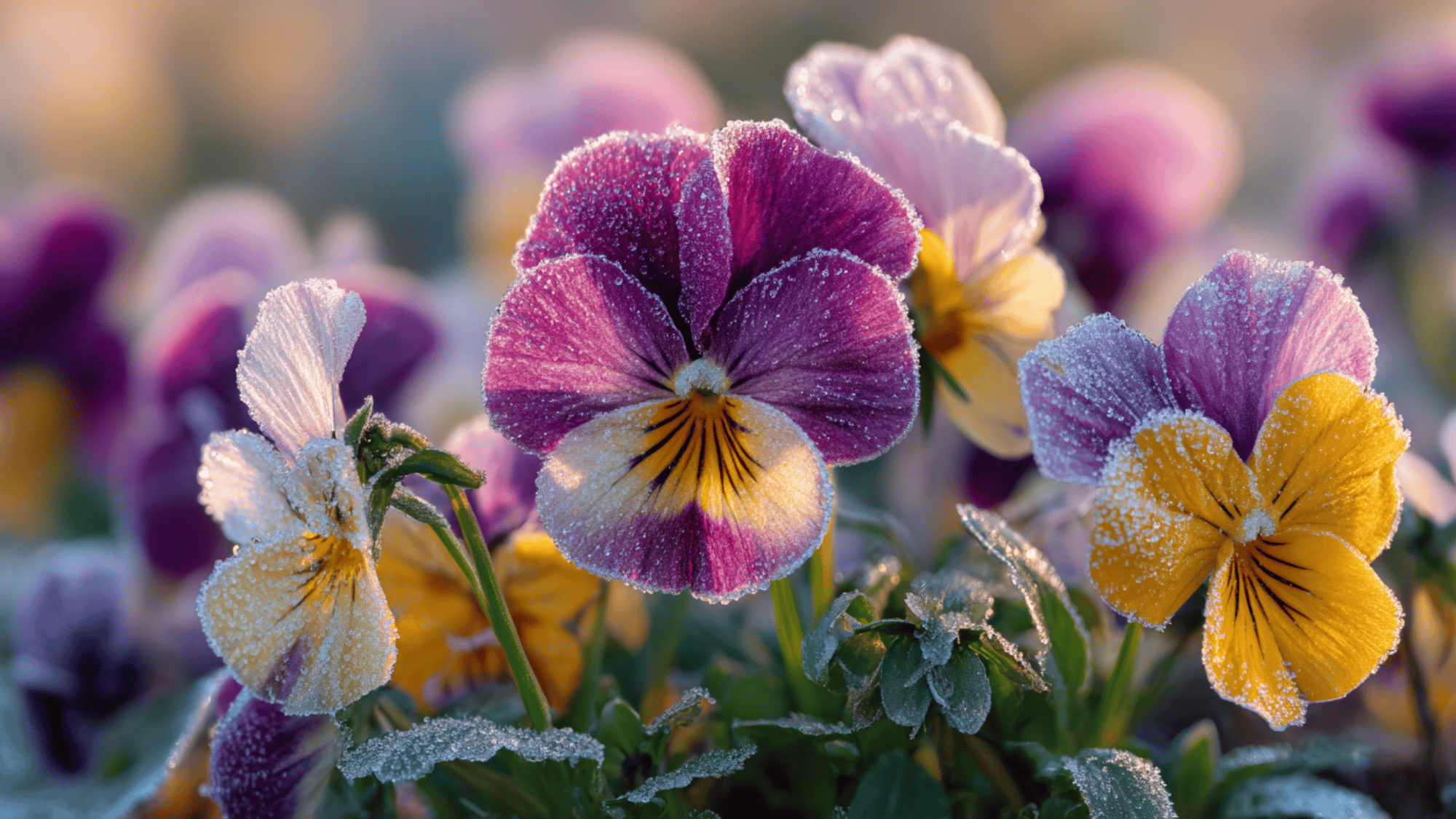 pansies blooming in winter with frost on petals