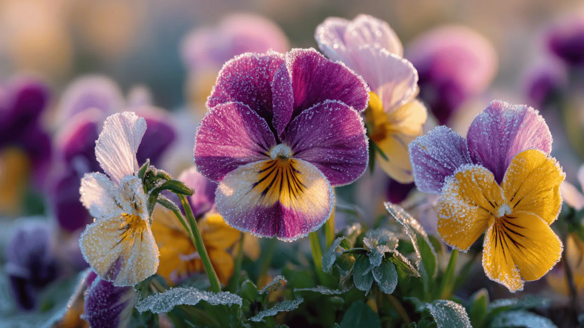 pansies blooming in winter with frost on petals