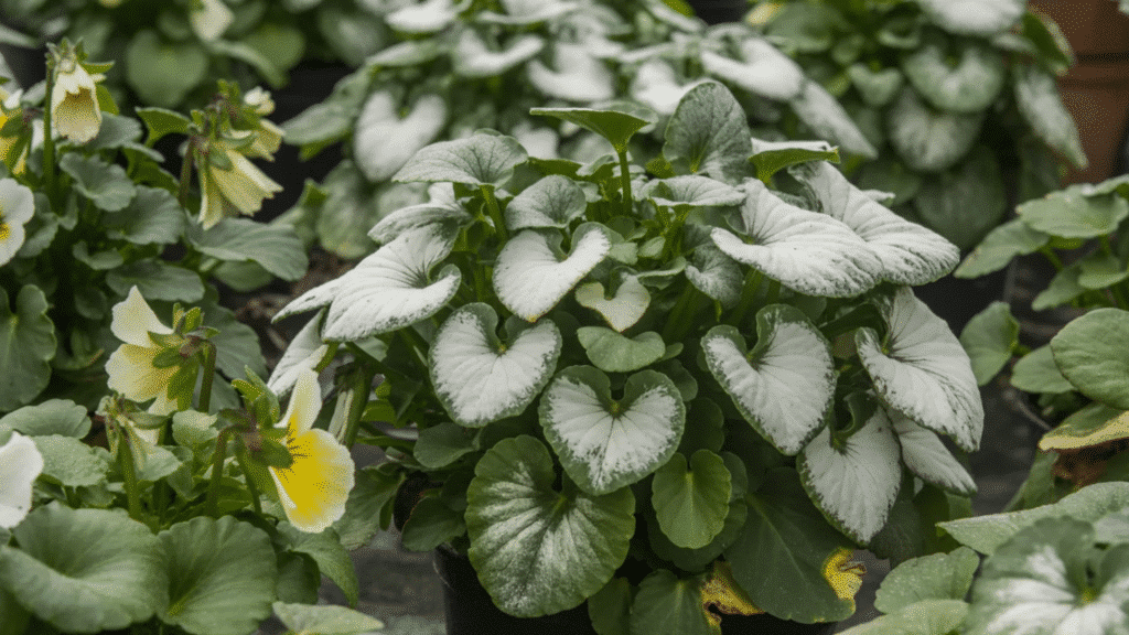 pansy leaves covered in white powdery mildew fungus, showing infection and poor plant health