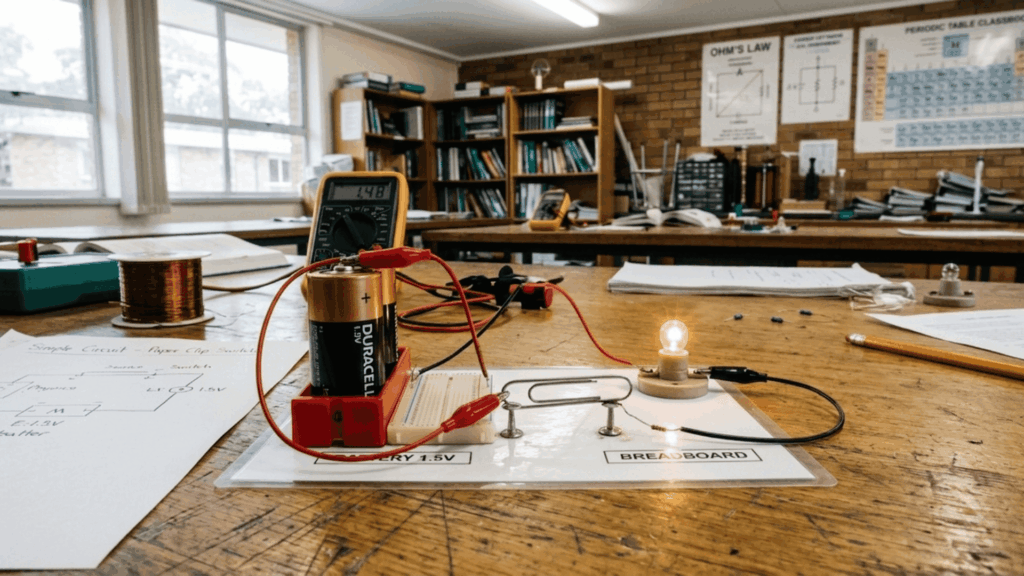 paper clip used in basic circuit experiment acting as metal connector in classroom science and technical setup