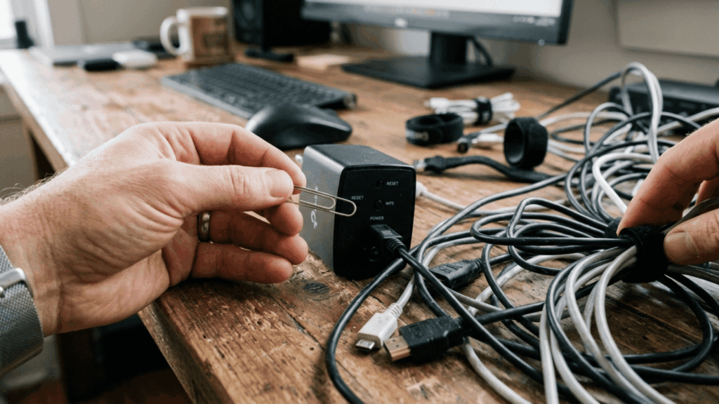 paper clip used to reset electronic device and organize cables showing practical everyday use outside office tasks