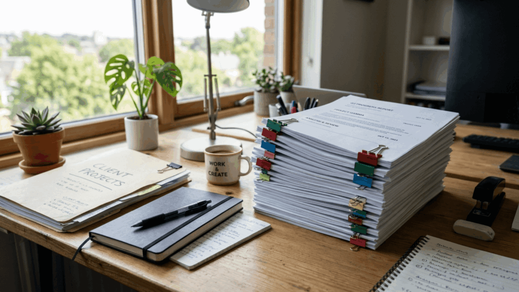 paper clips holding office documents together on desk showing organized paperwork files and everyday office use