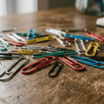paper clips made of steel and coated materials placed on desk showing different types and finishes used in manufacturing