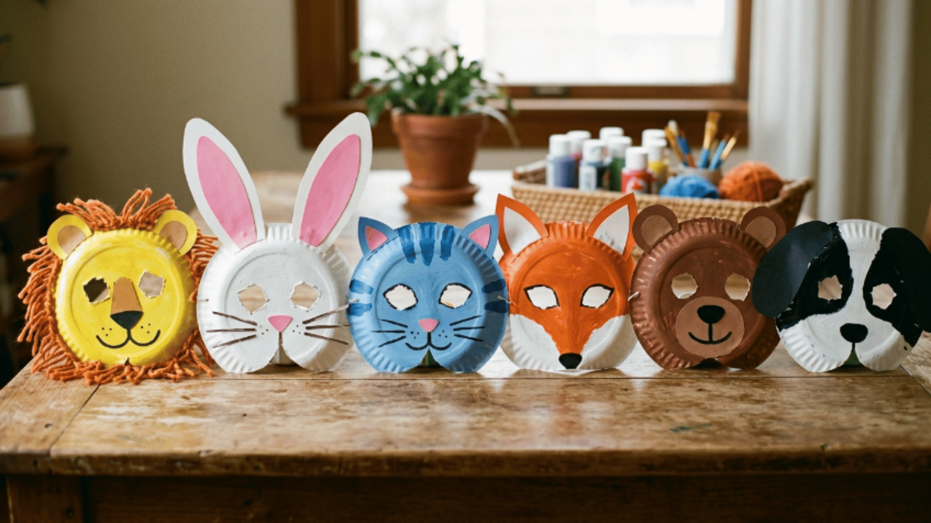 paper plate animal masks with painted features and attached shapes placed on neutral surface in bright natural lighting