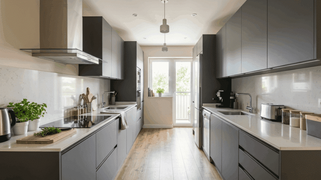 parallel modular kitchen design with two facing counters perfect for narrow kitchen spaces