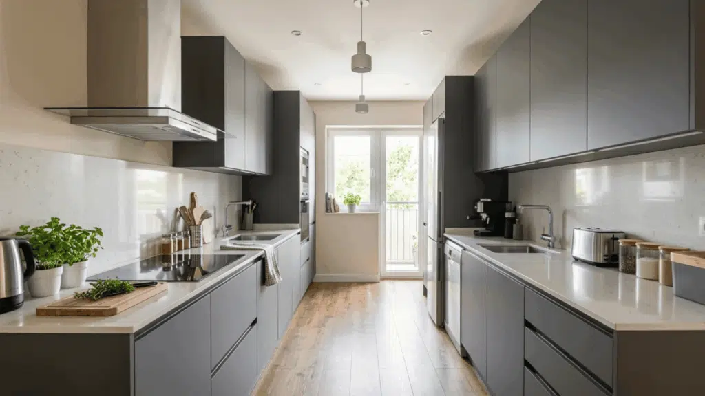 parallel modular kitchen design with two facing counters perfect for narrow kitchen spaces