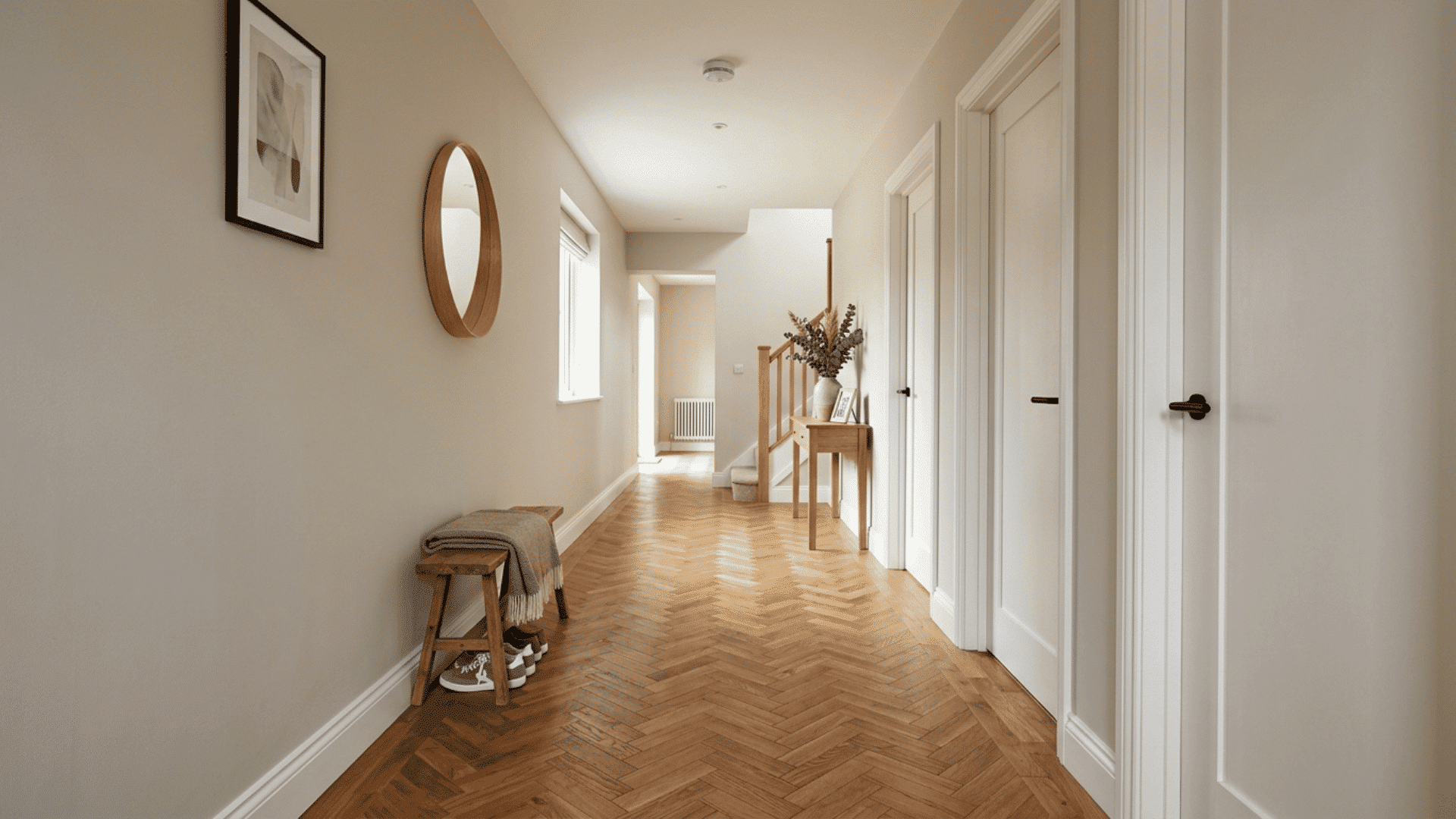 parquet wood flooring in residential hallway with herringbone pattern and simple decor in art deco interior design