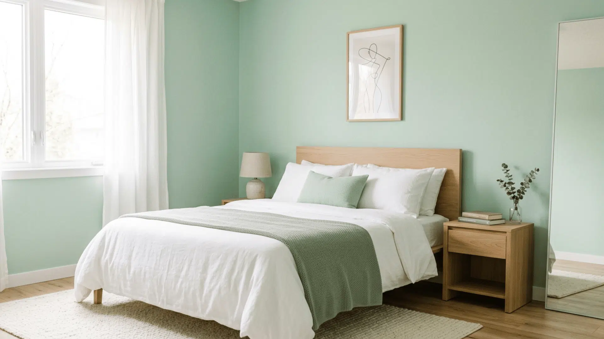 pastel green bedroom with soft light, minimal decor, and fresh open feel.