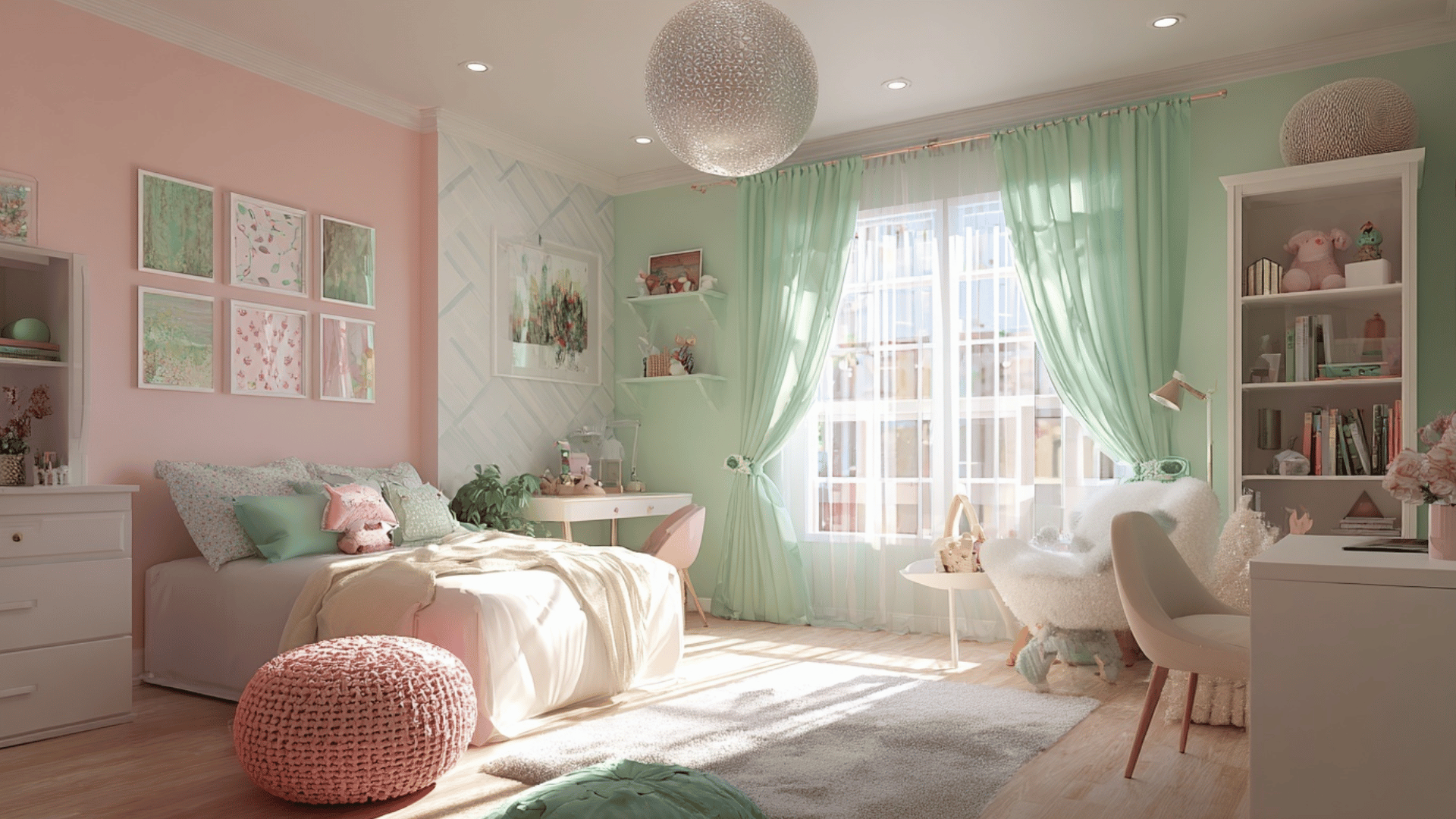 pastel pink and mint kids room with bright and playful decor