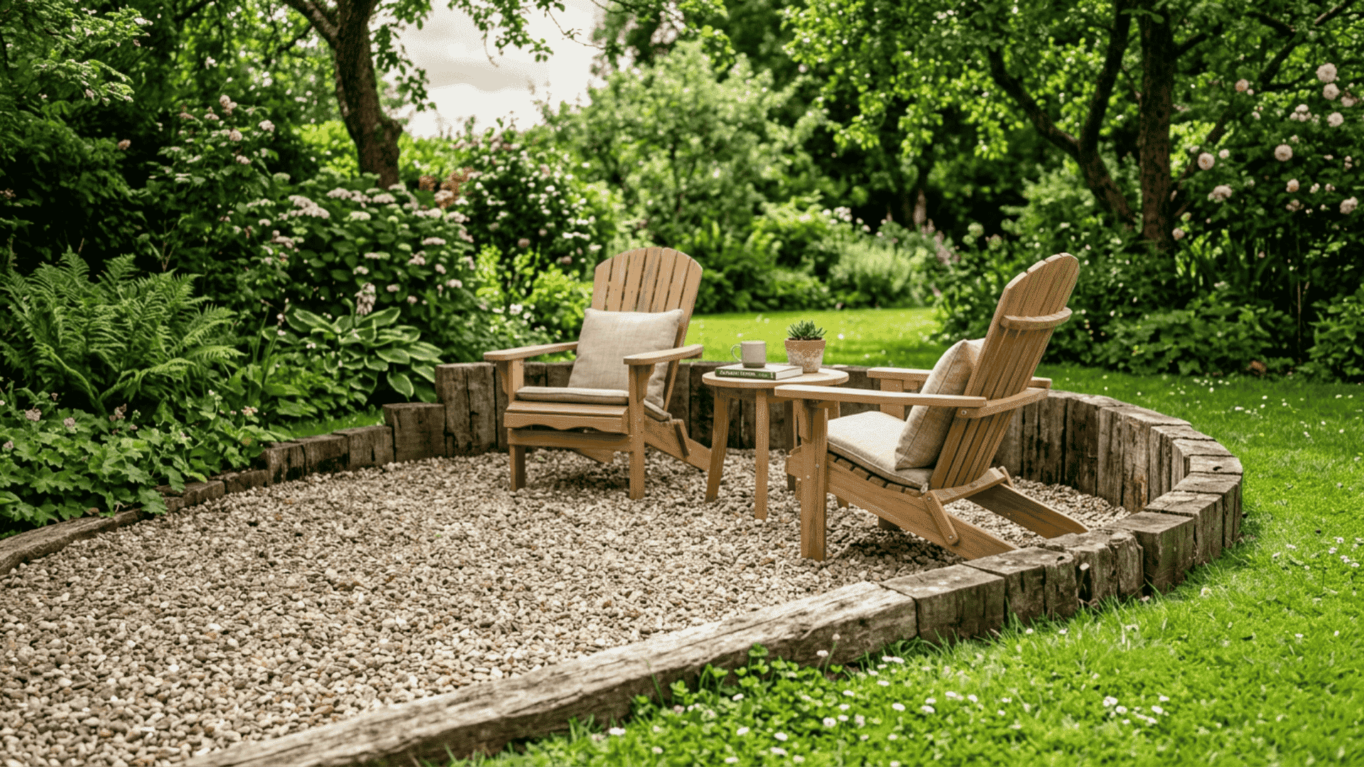 pea gravel seating area with timber border edging and outdoor chairs on a clean backyard patio surface