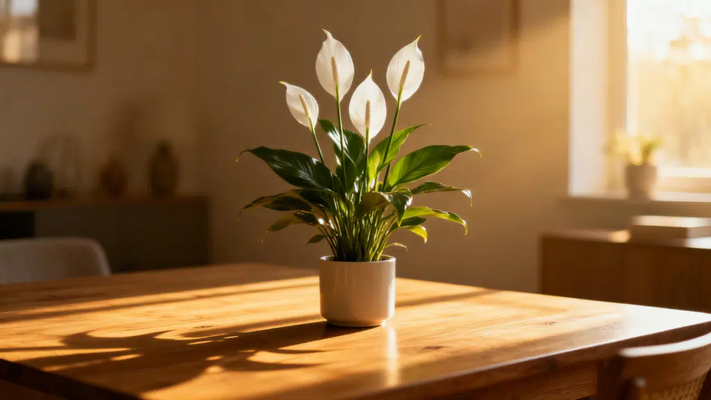 peace lily plant with white blooms on wooden table, warm sunlight streaming in, soft shadows, and cozy interior background