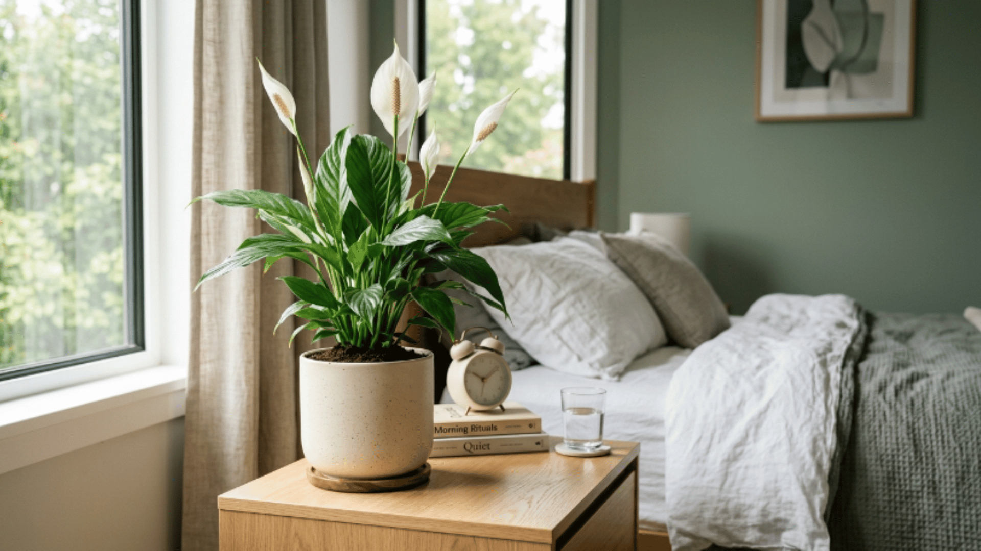 peace lily with white blooms placed on a bedside table in a softly lit bedroom with natural light coming through the window
