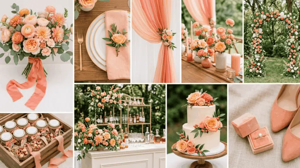 peach and coral wedding color scheme collage with bright florals soft fabrics and decor