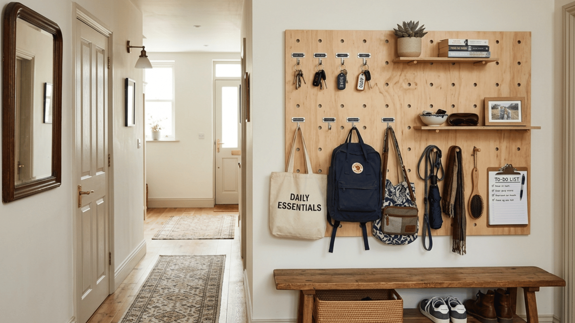 Pegboard wall in hallway used for hanging keys, bags, and small items