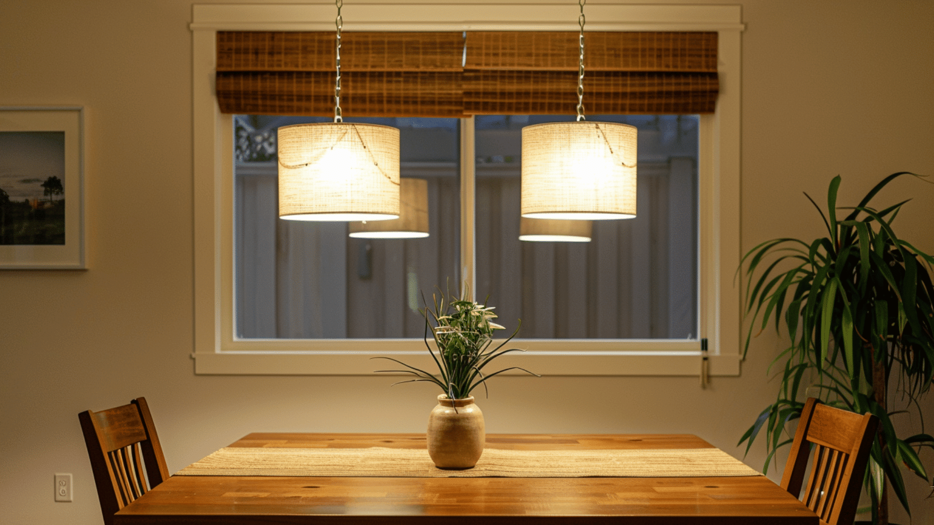 pendant light hanging from chain above dining table with warm soft lighting