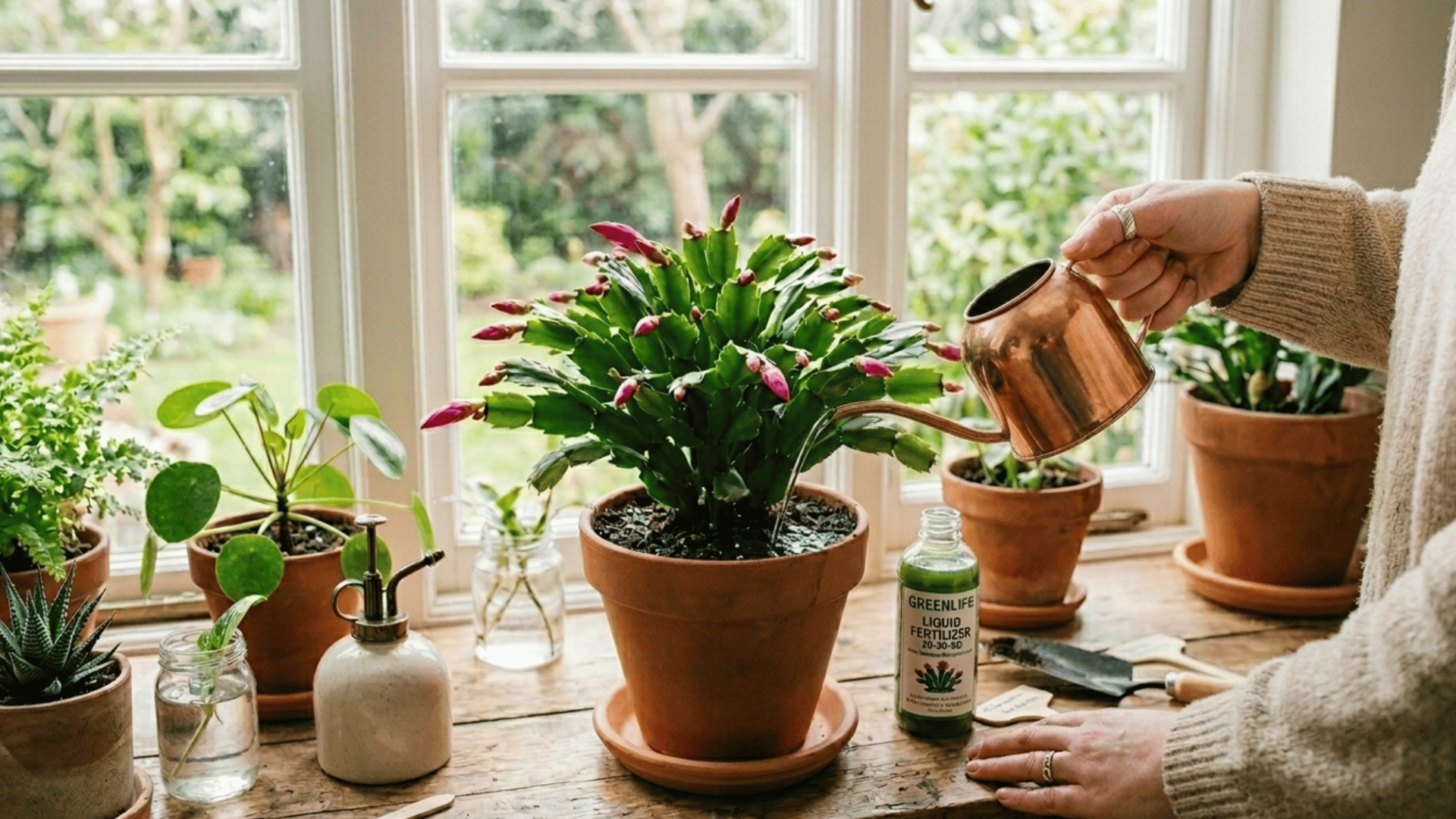 person applying liquid fertilizer to christmas cactus in pot during indoor plant care routine