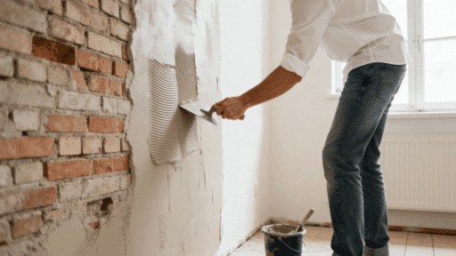 person applying plaster on a brick wall using a trowel, smoothing surface indoors with tools and bucket nearby in renovation setup
