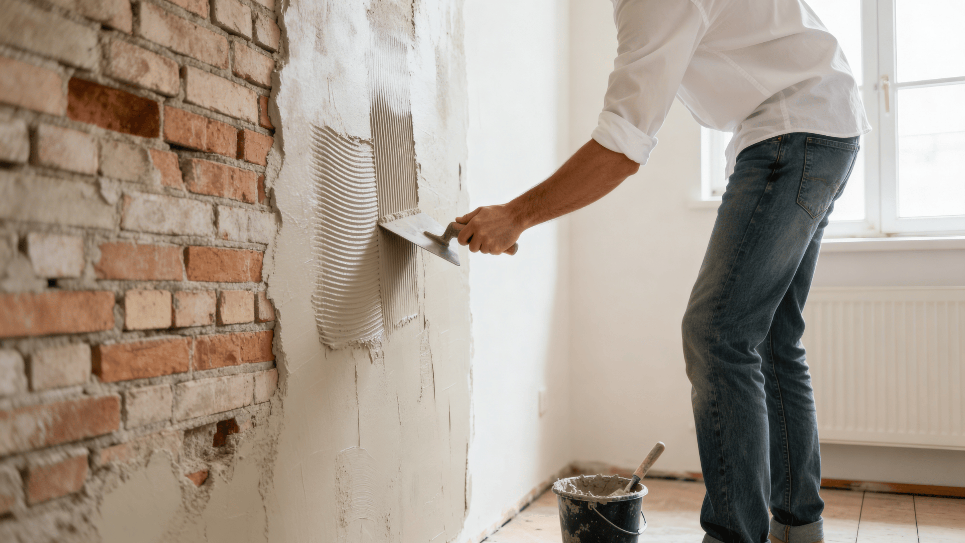 person applying plaster on a brick wall using a trowel, smoothing surface indoors with tools and bucket nearby in renovation setup