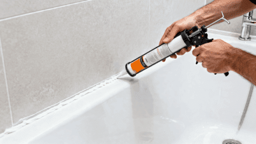 person applying silicone caulk along bathtub edge using caulking gun in modern bathroom, sealing joints neatly