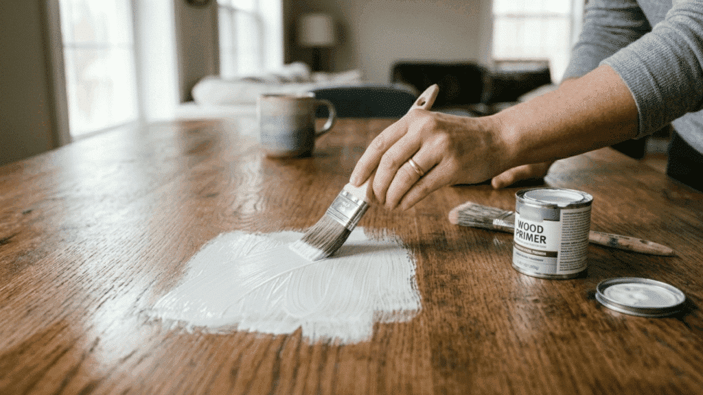 person applying white bonding primer evenly on a wooden surface using a brush before painting in a home workspace