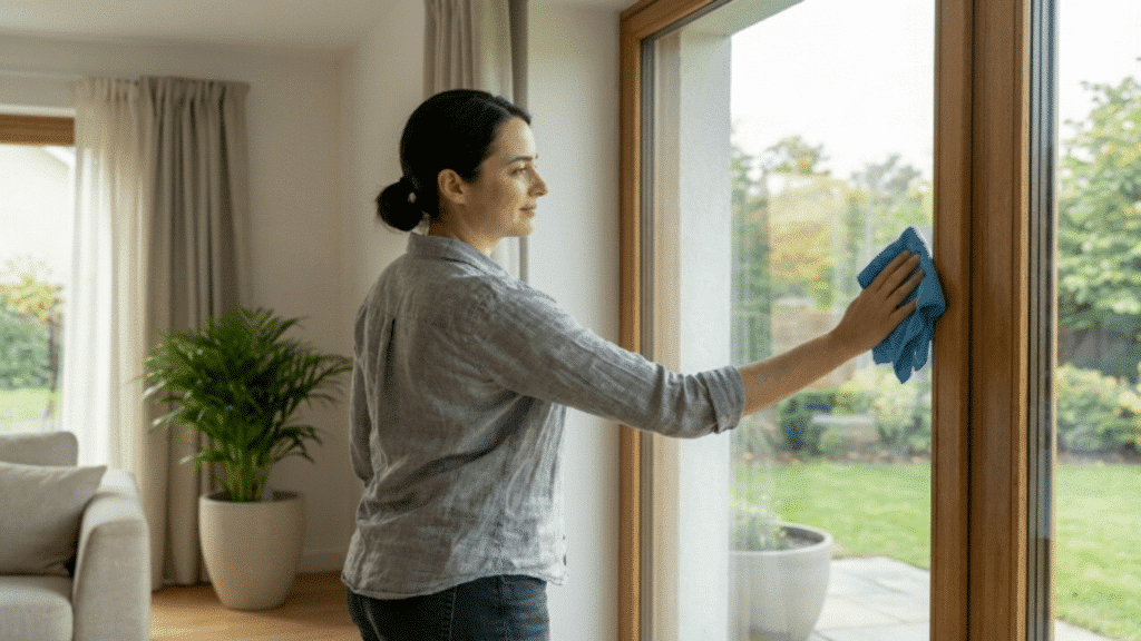 person buffing window with dry microfiber cloth to achieve clear shiny and streak free glass finish