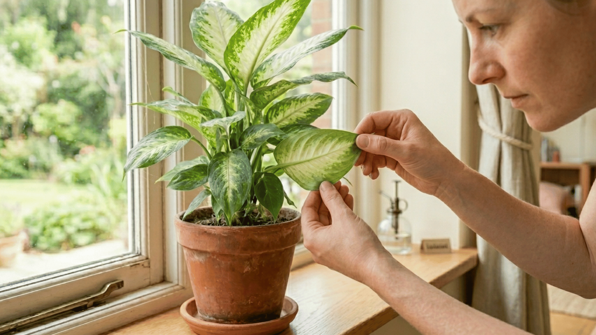 person checking underside of indoor plant leaves regularly to detect spider mites and prevent damage