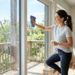 person cleaning a large window with microfiber cloth in bright modern room with sunlight and clear streak free glass