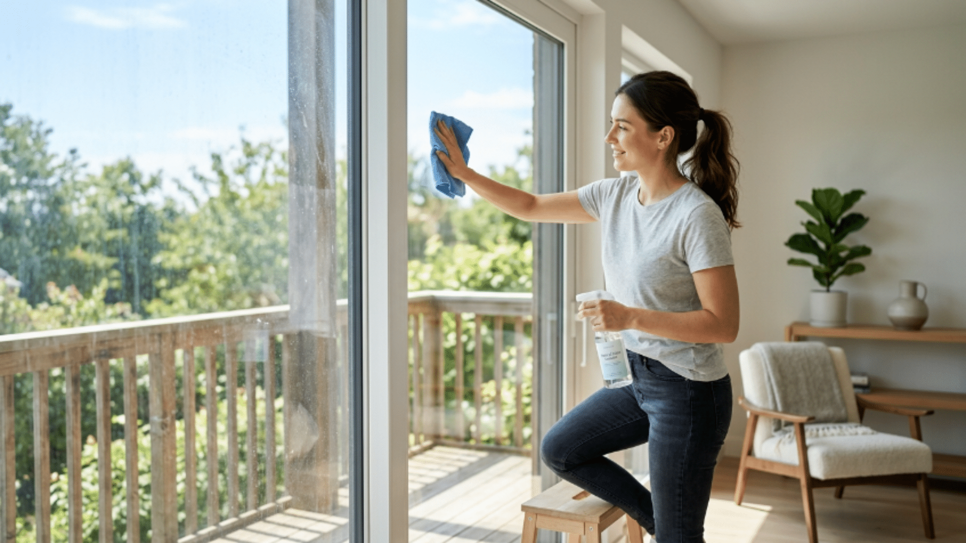 person cleaning a large window with microfiber cloth in bright modern room with sunlight and clear streak free glass