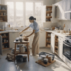 person decluttering kitchen cabinets and organizing items on a table in a bright, modern kitchen