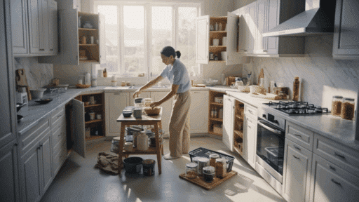 person decluttering kitchen cabinets and organizing items on a table in a bright, modern kitchen
