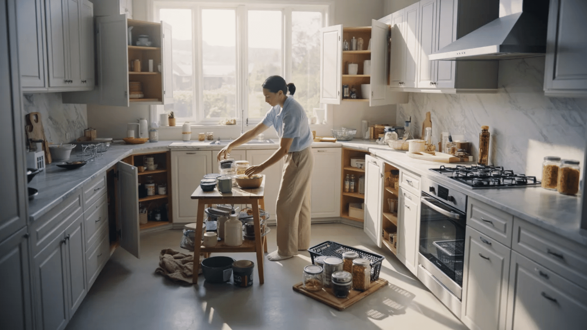 person decluttering kitchen cabinets and organizing items on a table in a bright, modern kitchen