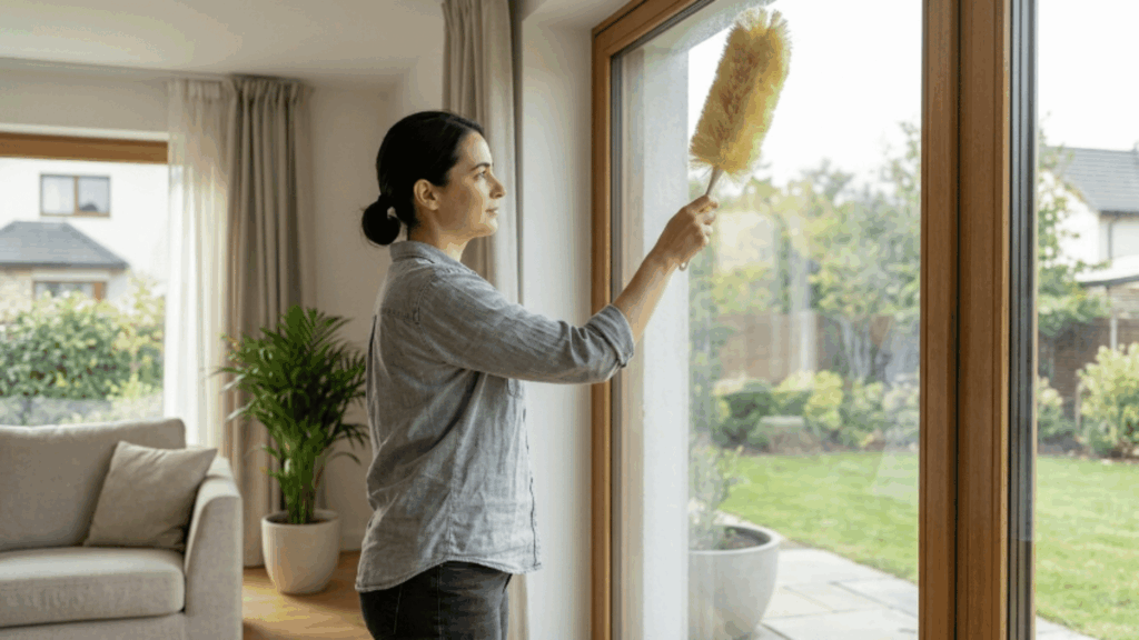 person dusting window with dry cloth to remove dirt and cobwebs before applying vinegar cleaning solution