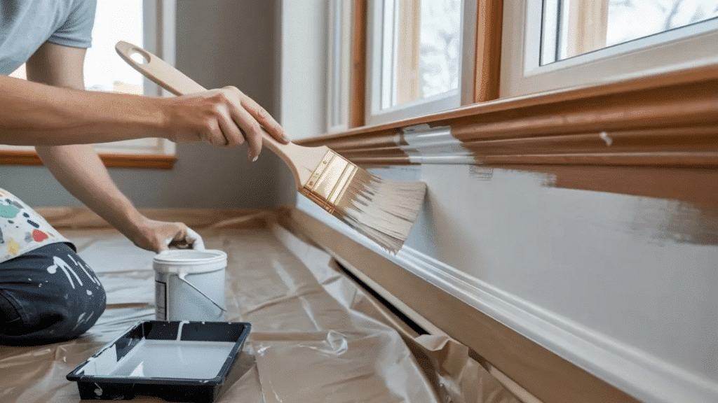 person painting interior baseboard trim with brush near window, using paint tray and drop cloth