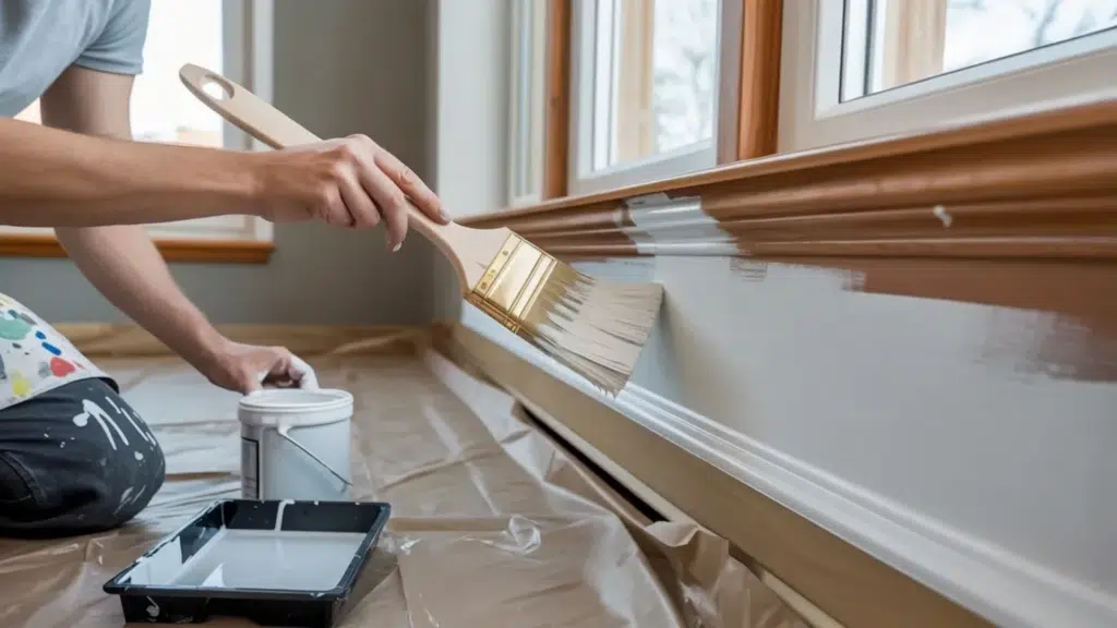 person painting interior baseboard trim with brush near window, using paint tray and drop cloth