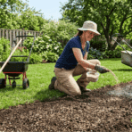 person planting grass seed by hand on fresh soil in a sunny lawn with tools and watering hose nearby