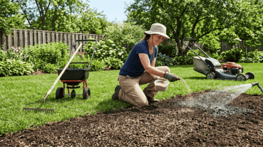 person planting grass seed by hand on fresh soil in a sunny lawn with tools and watering hose nearby