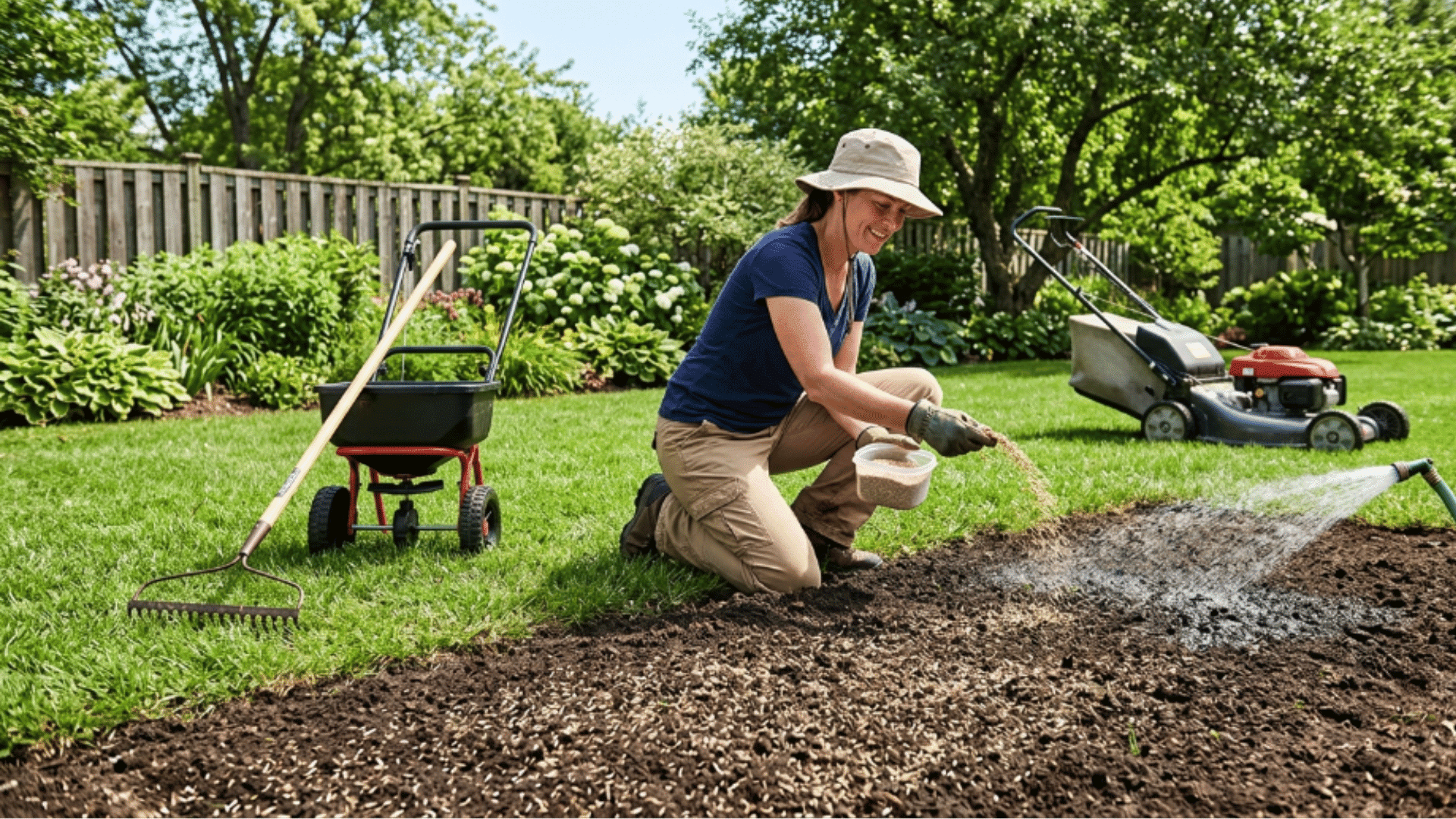 person planting grass seed by hand on fresh soil in a sunny lawn with tools and watering hose nearby