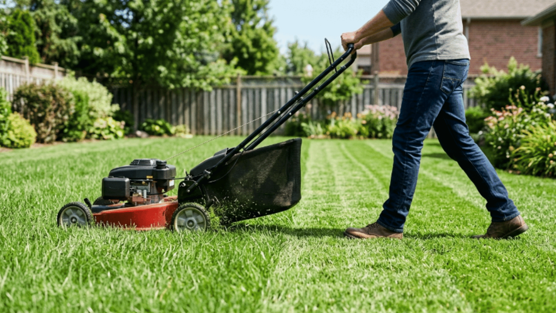 person pushing lawn mower across grass with clean even mowing lines visible on neatly trimmed lawn surface