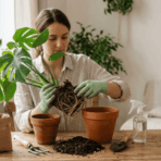 person repotting indoor plant near window with fresh soil and new pot in bright natural light (1)