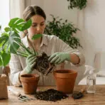 person repotting indoor plant near window with fresh soil and new pot in bright natural light (1)